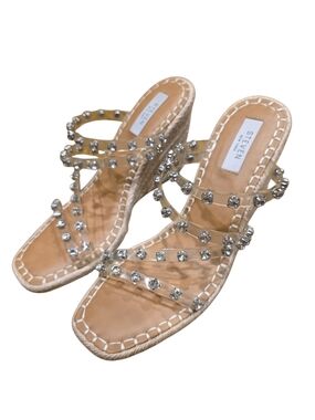 Steve Madden Beige Crystal-Strap Espadrille Wedge Mules
